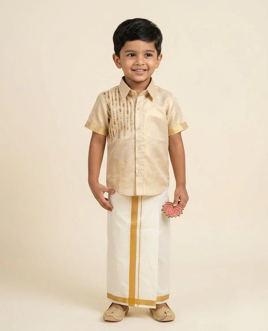 Half White Tissue Shirt & Vesti Set